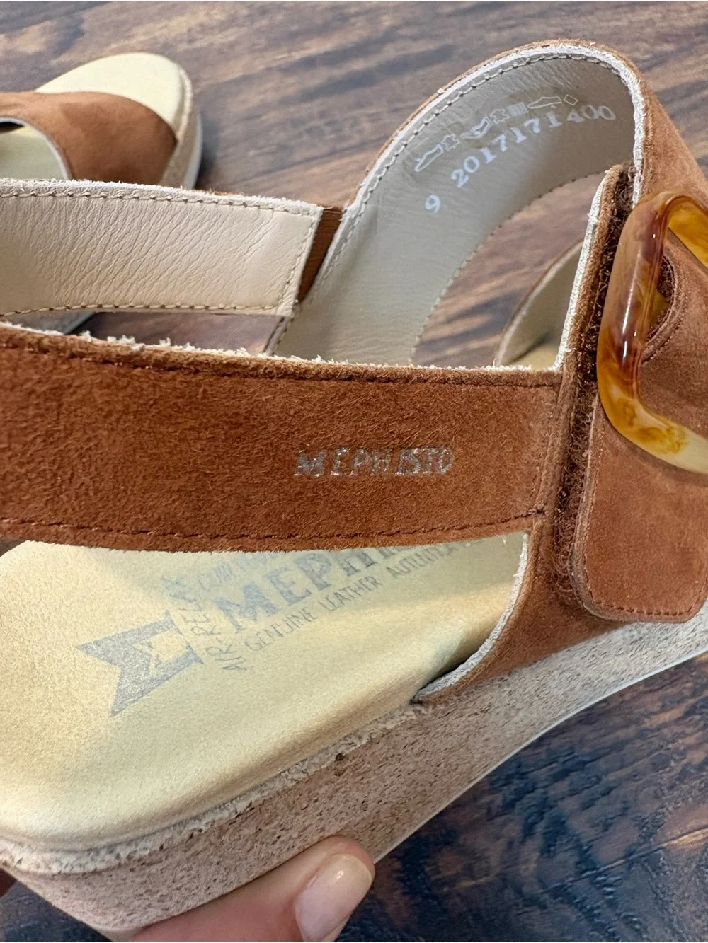 Mephisto Giulia Leather Wedge Heel Sandal Comfort Hazelnut Brown Size 9